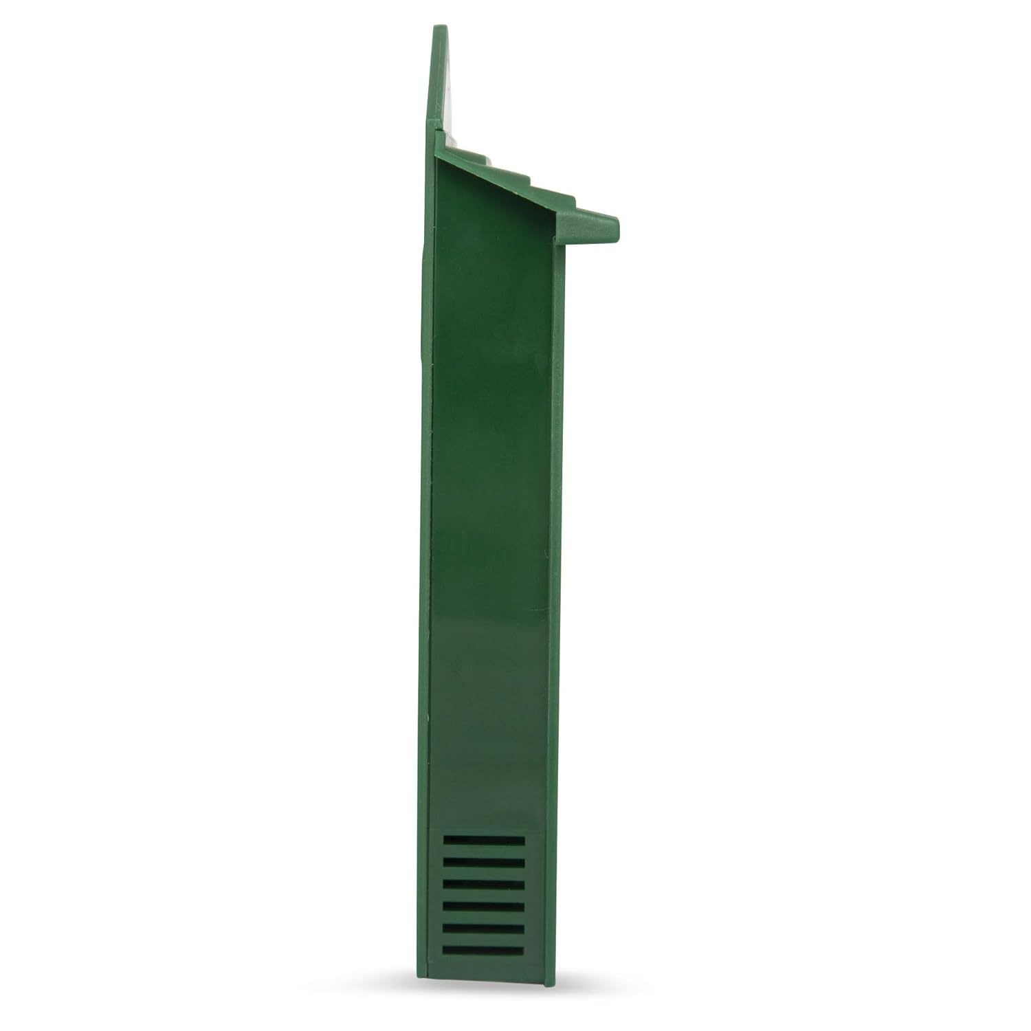 Side profile of the thermometer showing its slim depth, the overhanging moulded roof and the vent slots at the base