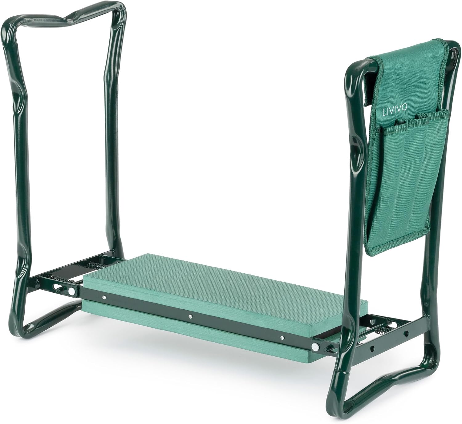Front view of the LIVIVO kneeler showing the fixed green foam pad and hanging tool bag