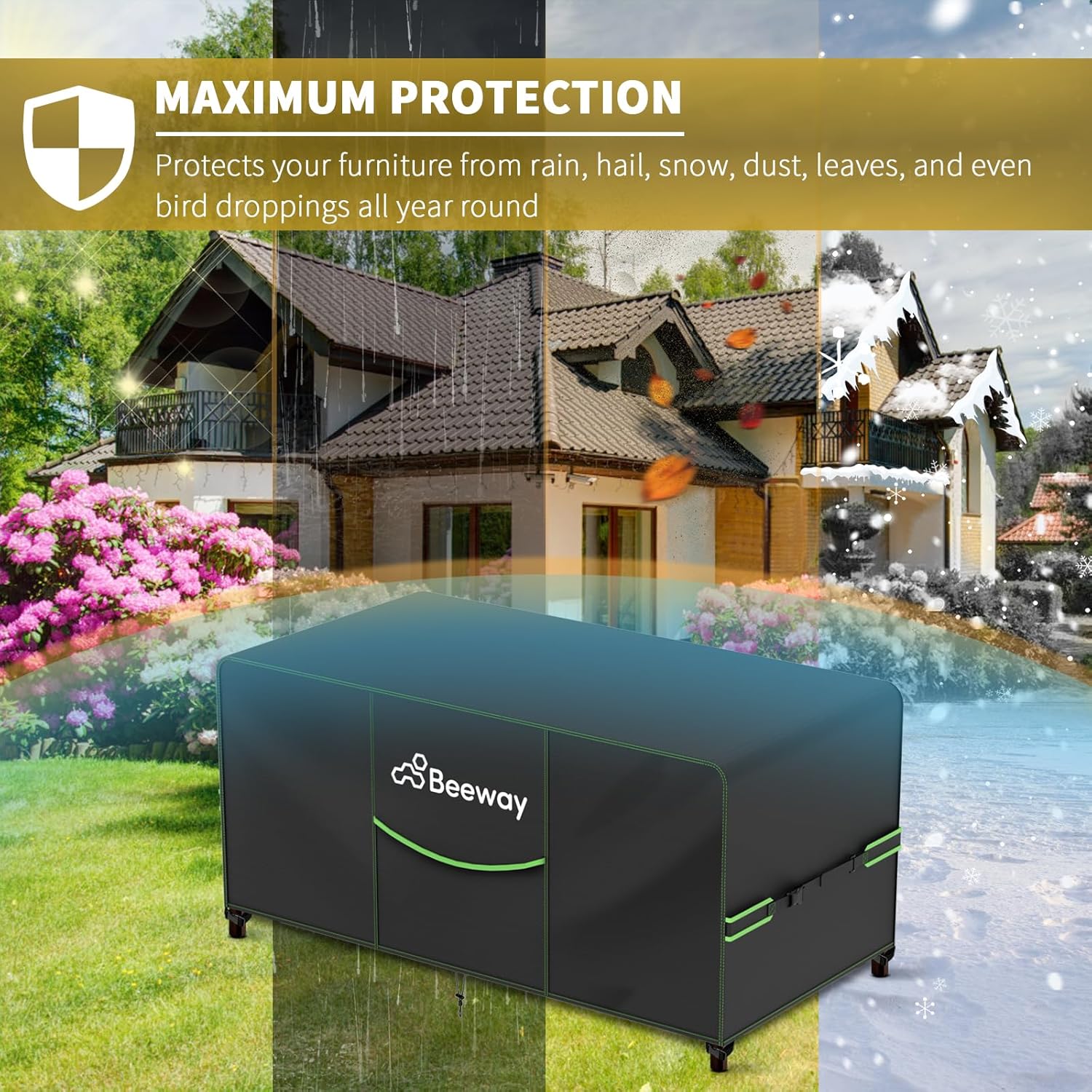 BEEWAY cover over a small table with a house behind it in sun, rain, autumn leaves and snow to show year-round use
