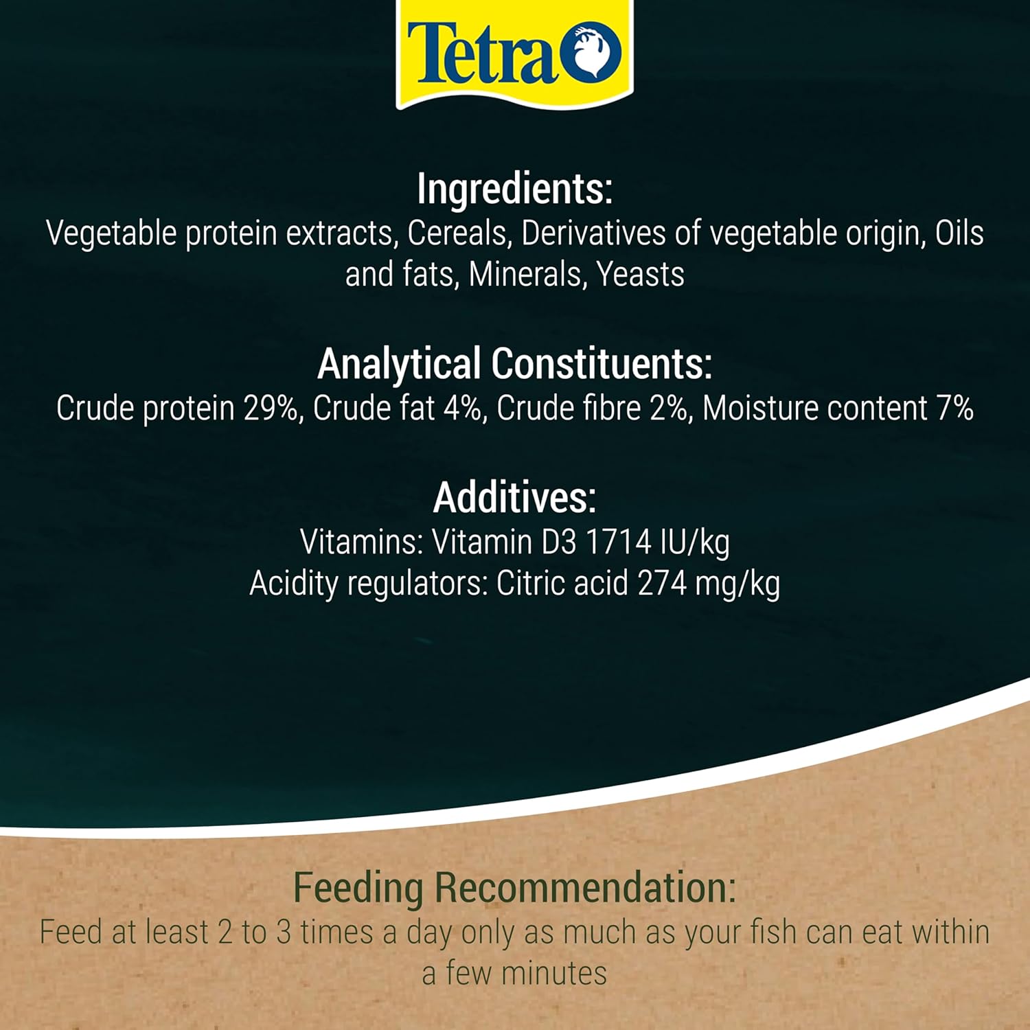 Tetra Pond Sticks back-of-pack panel listing ingredients, analytical constituents and feeding recommendation
