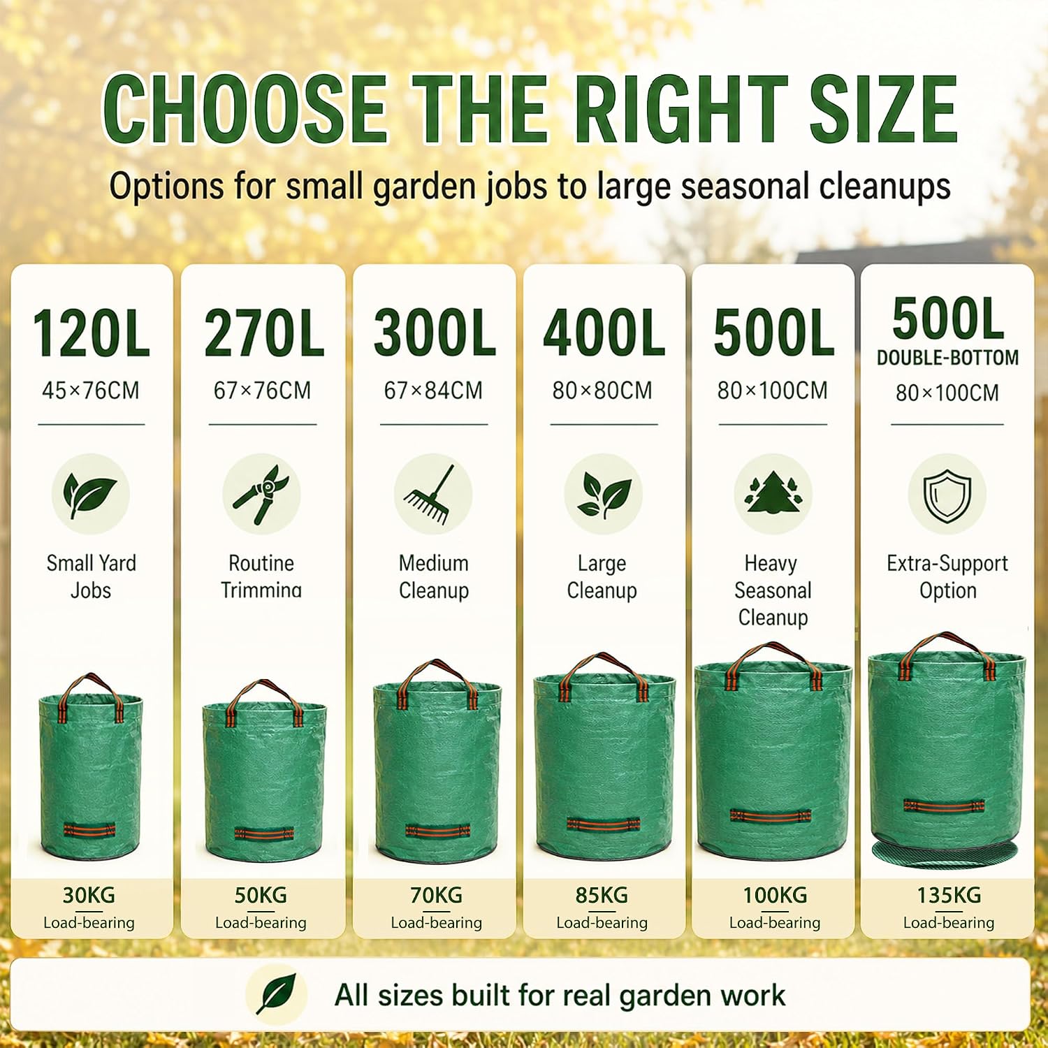 Listing size chart comparing Singwow 120L, 270L, 300L, 400L and 500L waste bags with load ratings