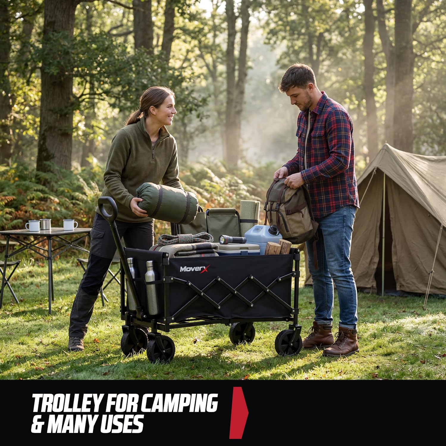 Two campers loading a MoverX folding trolley with bedding, a cool box and a backpack beside a canvas tent