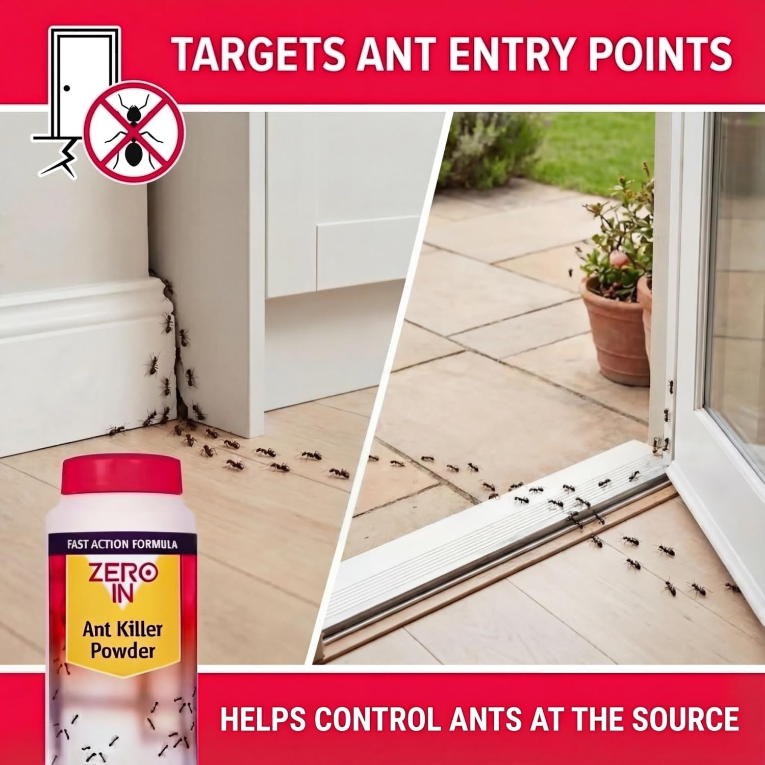 Infographic-style image showing how the Zero In ant powder works against an ants' nest