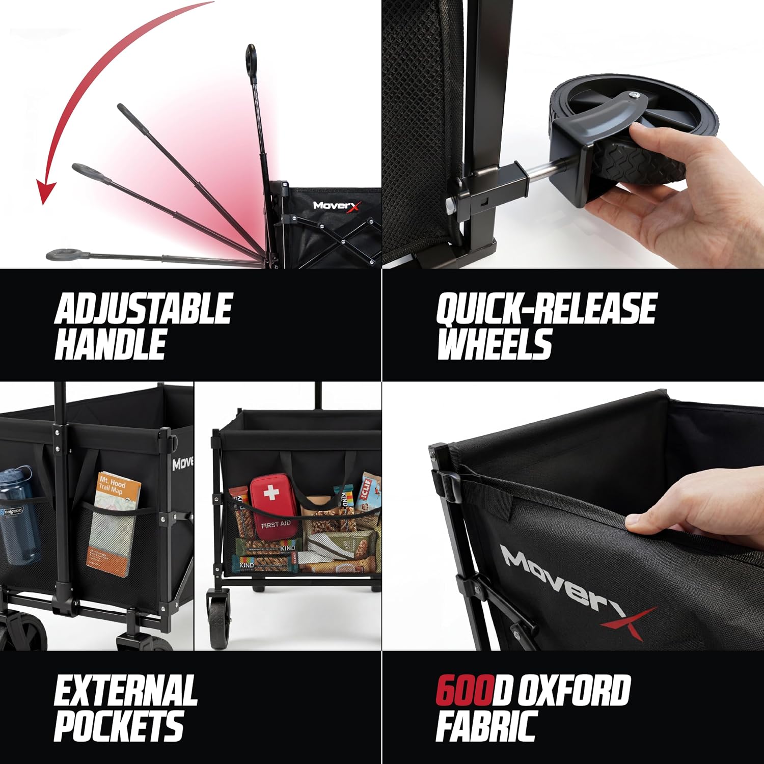 Close-up panels showing the MoverX adjustable handle arc, quick-release wheel, external mesh pockets and 600D Oxford fabric