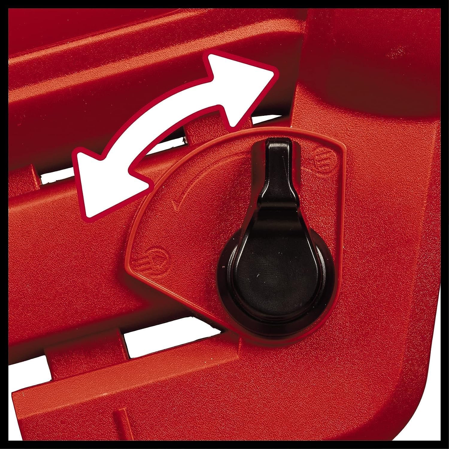 Close-up of the changeover lever on the Einhell VENTURRO housing, with a curved arrow showing the swap between blowing and suction