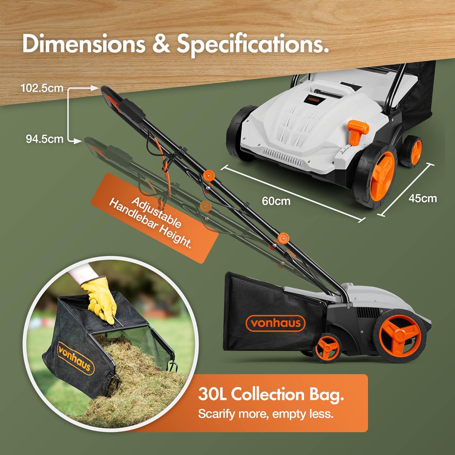 VonHaus spec infographic showing the 30L collection bag being emptied and the adjustable handlebar heights
