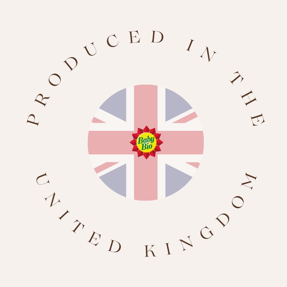 Produced in the United Kingdom badge with Union Jack on Baby Bio product imagery