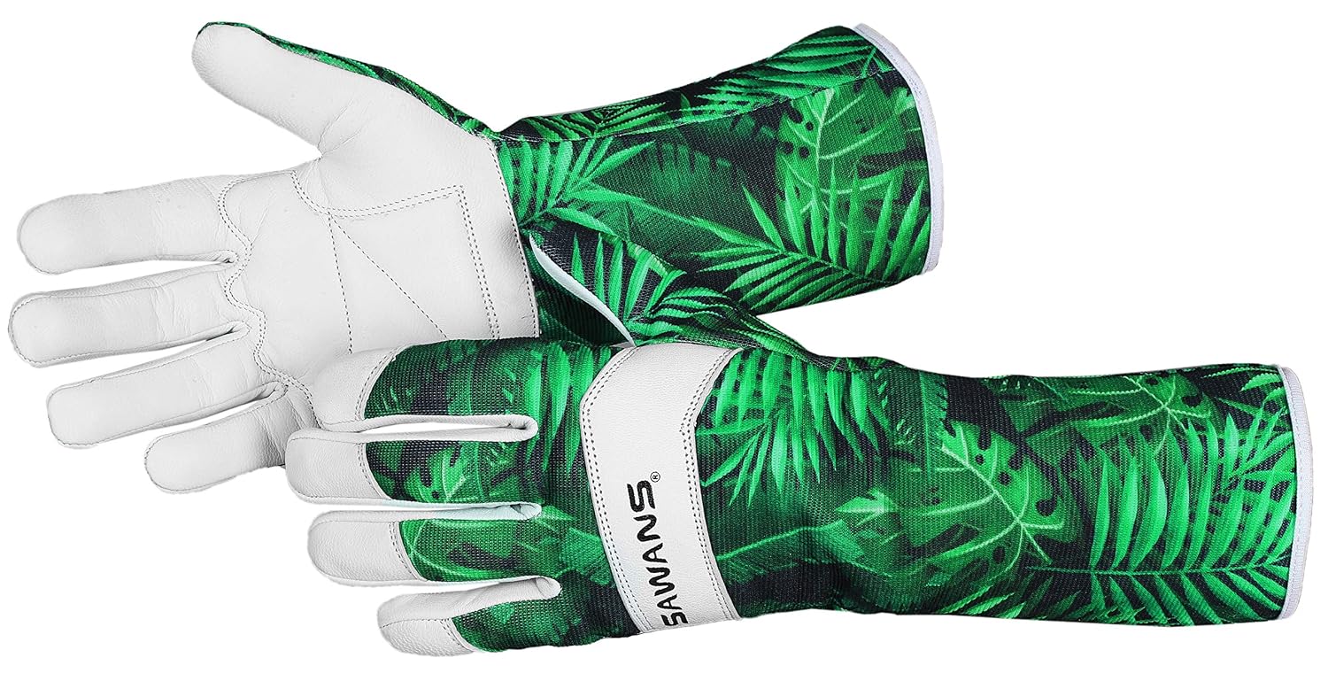 Pair of SAWANS long gardening gloves laid flat, one palm up and one back up, showing full gauntlet length