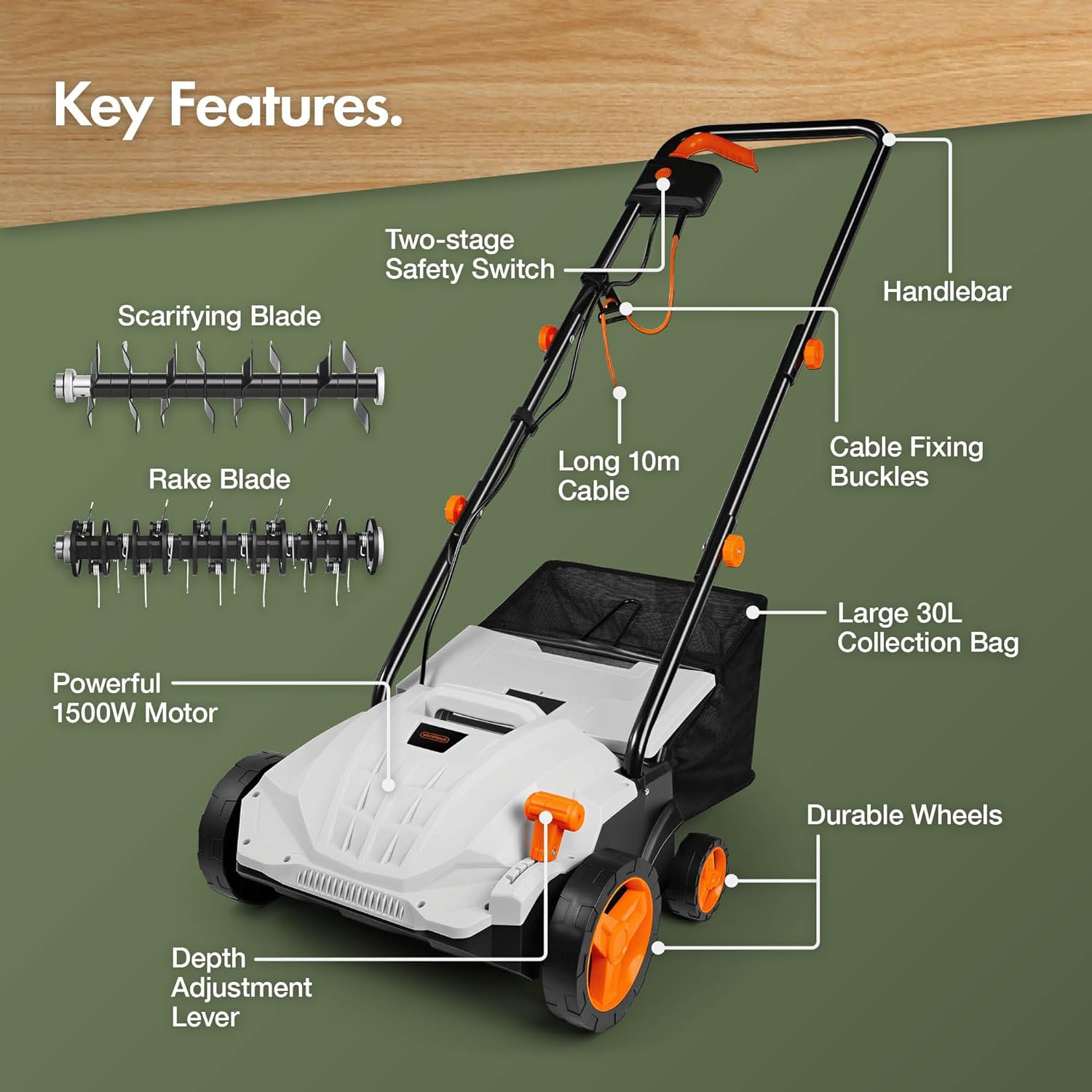 Labelled key features diagram of the VonHaus scarifier: scarifying blade, rake blade, 10m cable, two-stage safety switch and 30L collection bag