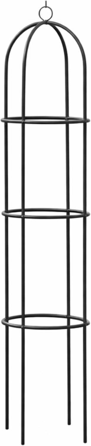 Bare black metal garden obelisk frame showing the domed top, three rings and four legs before planting