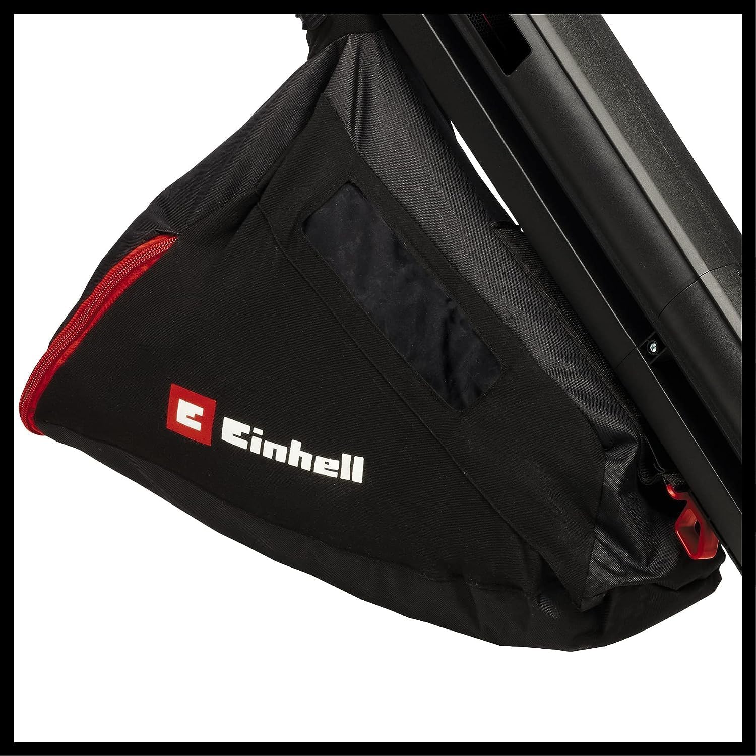 Close-up of the 45 litre Einhell collection sack showing the viewing window panel and the red emptying zip running down one edge