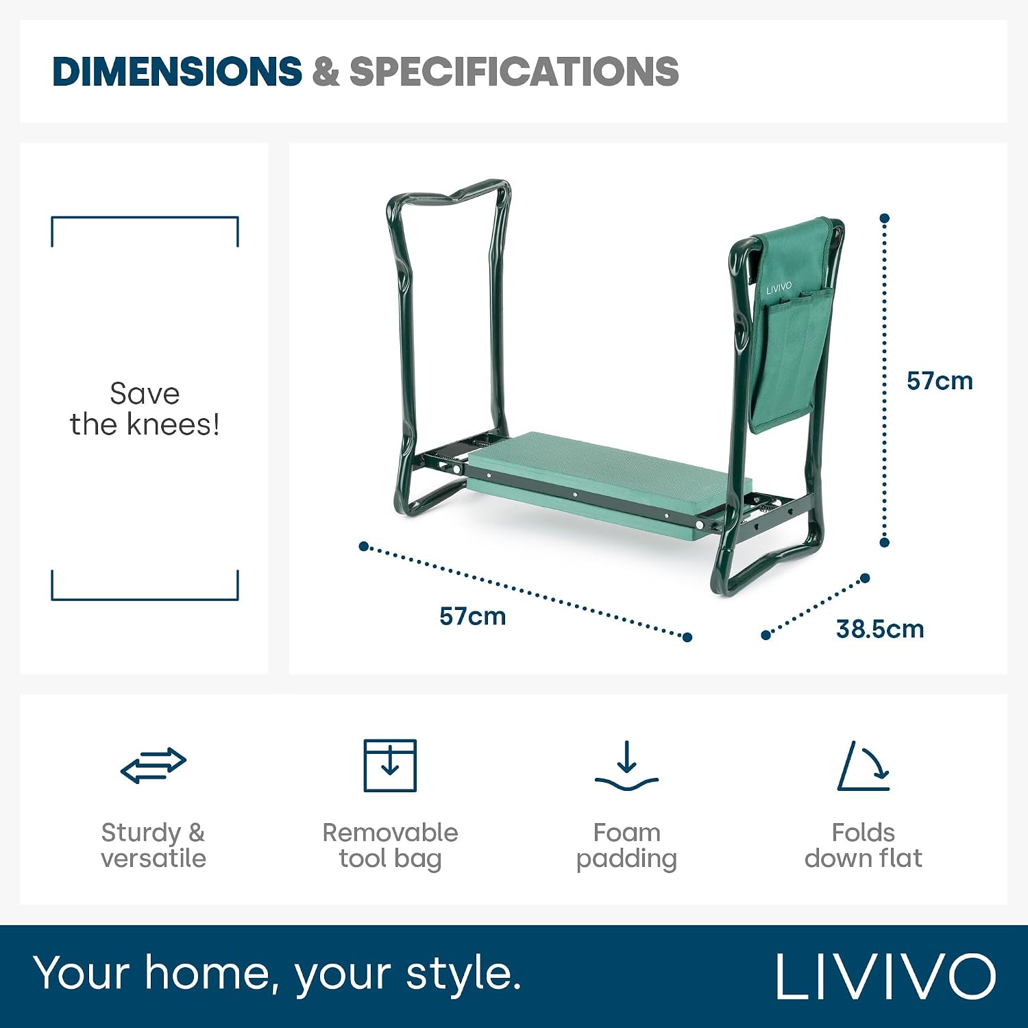 LIVIVO dimensions panel listing 57cm length, 57cm height and 38.5cm depth