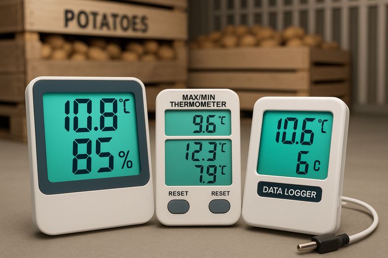 Digital monitoring equipment displaying temperature and humidity readings in UK potato storage facility