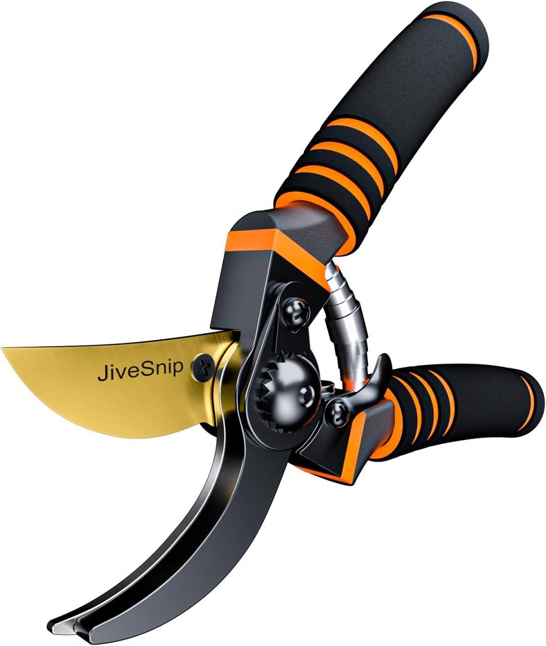 Professional product shot of JiveSnip secateurs showing titanium blade and ergonomic handles against clean background