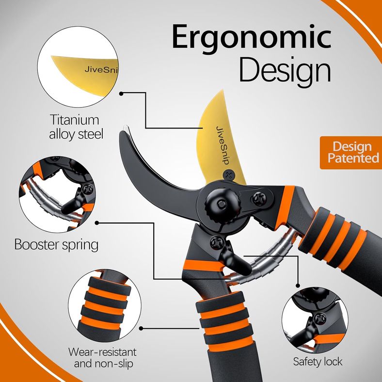 Close-up view of JiveSnip secateurs showing titanium blade, ergonomic design features, and safety lock