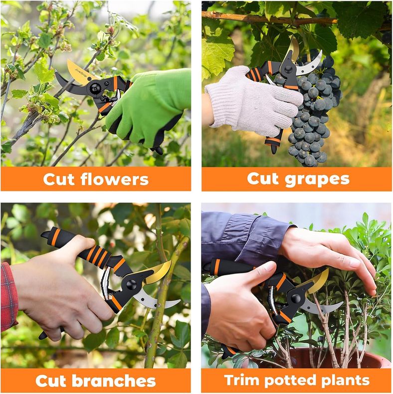 Multiple garden tasks showing JiveSnip secateurs cutting flowers, grapes, branches, and potted plants