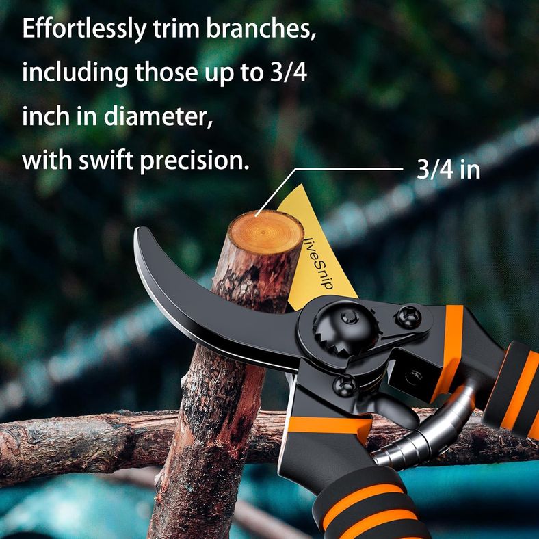 JiveSnip secateurs cutting through a thick wooden branch demonstrating 3/4 inch cutting capacity
