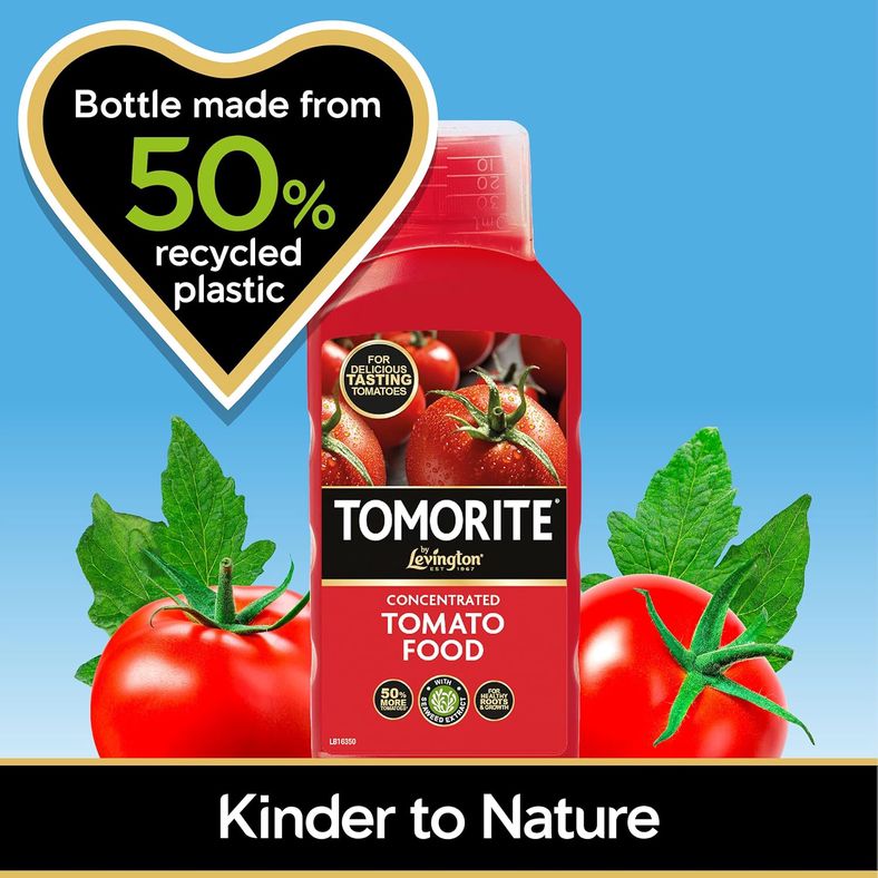 Levington Tomorite bottle showing environmental benefits with 50% recycled plastic badge