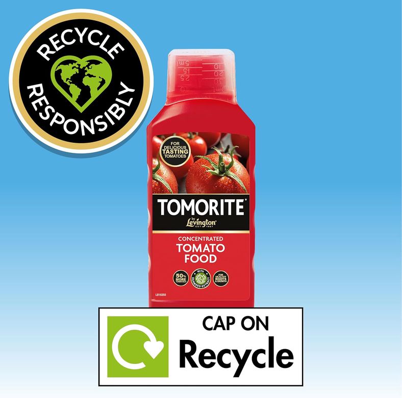 Tomorite bottle highlighting recycling symbols and environmental responsibility