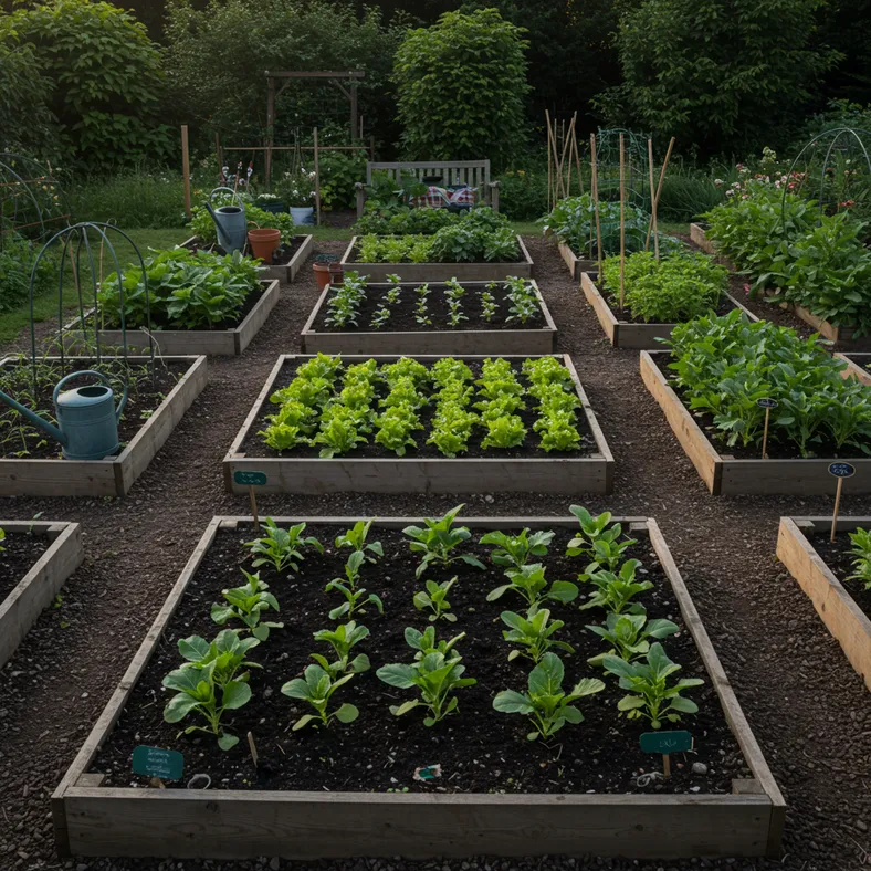 Abundant July vegetable garden showing rows of freshly planted seedlings and mature summer crops in a British garden setting
