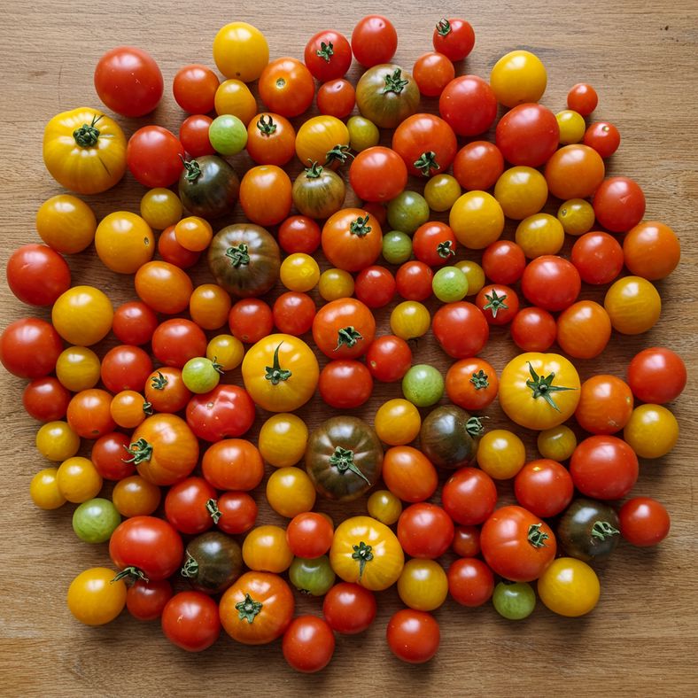 Abundant tomato harvest from unpinched plants showing multiple small to medium sized fruits