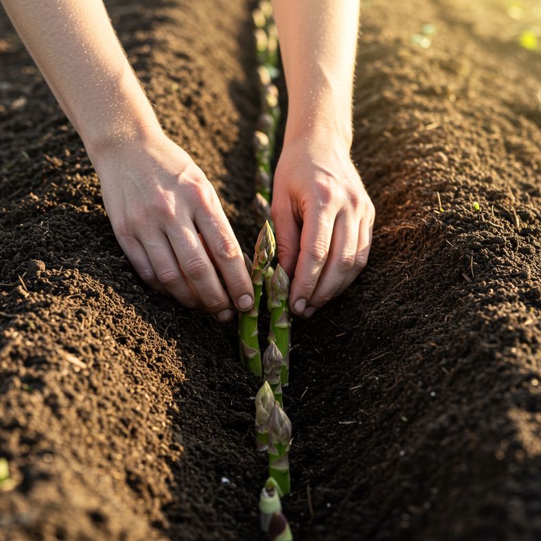 Asparagus crowns being planted in prepared furrows