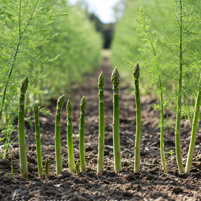 Asparagus plant showing spear to fern development stages