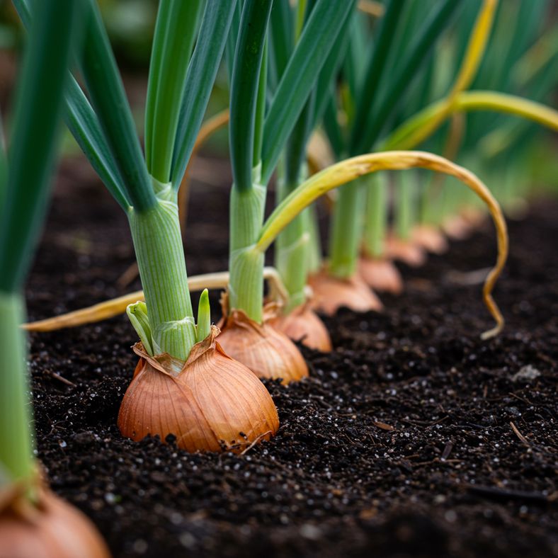 Autumn-planted onions in June showing natural foliage yellowing and bulb maturity signs
