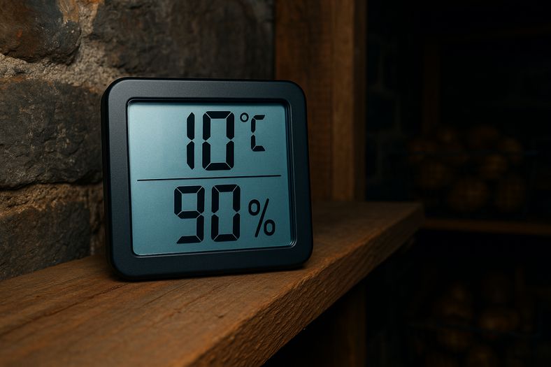 Digital hygrometer and thermometer displaying ideal potato storage conditions in UK basement storage area