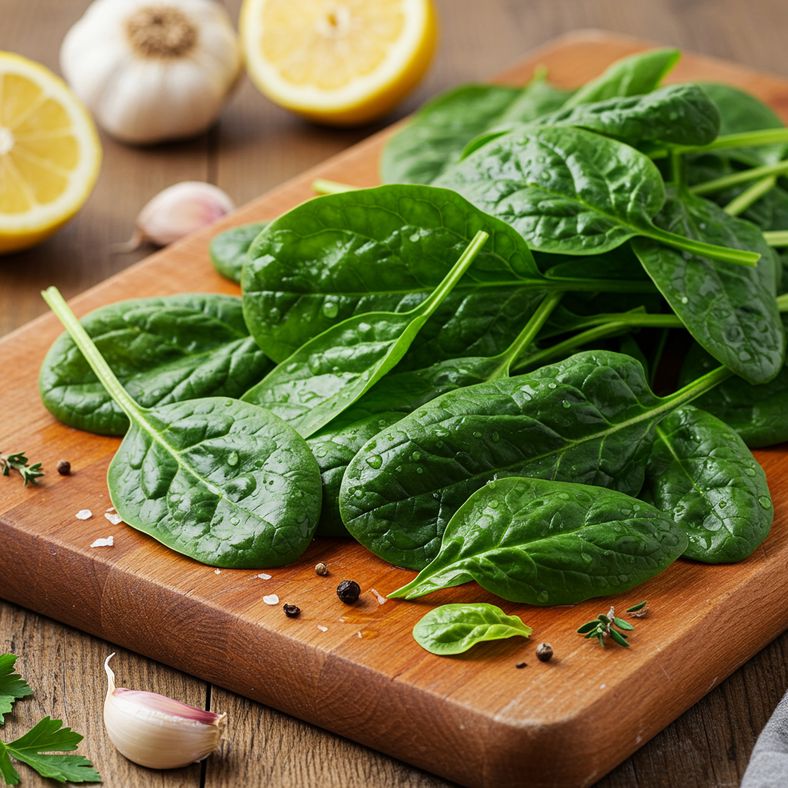 Beautiful presentation of fresh perpetual spinach leaves arranged on a wooden cutting board with herbs and cooking ingredients, showing culinary potential