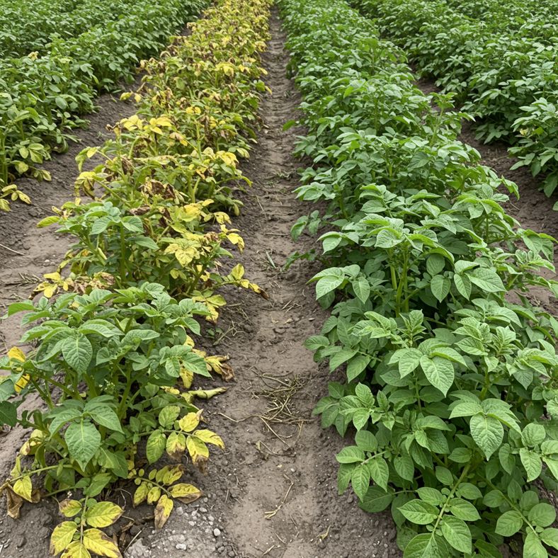 Before and after comparison showing problem potato plants and their healthy counterparts after proper care