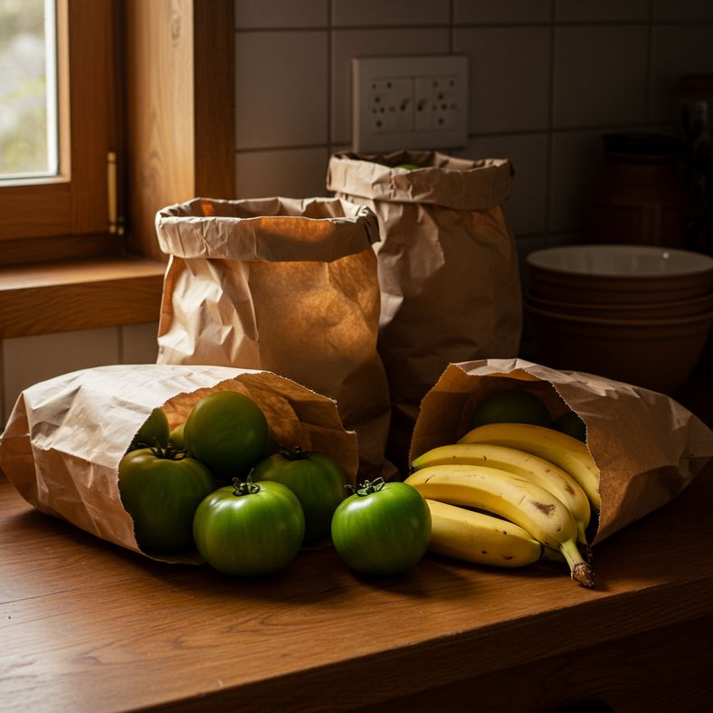 Brown paper bags containing green tomatoes with ripe banana for ethylene ripening
