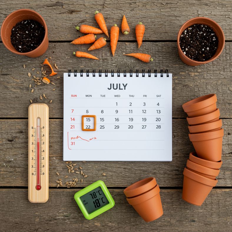 Calendar showing July highlighted with carrot seeds and soil thermometer in UK garden