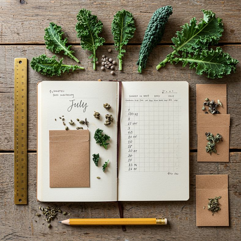 Calendar showing July with kale seeds and garden planning notes