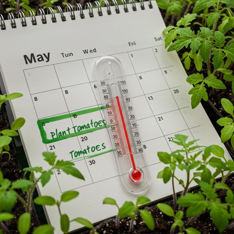 Calendar showing late May with tomato planting reminder marked