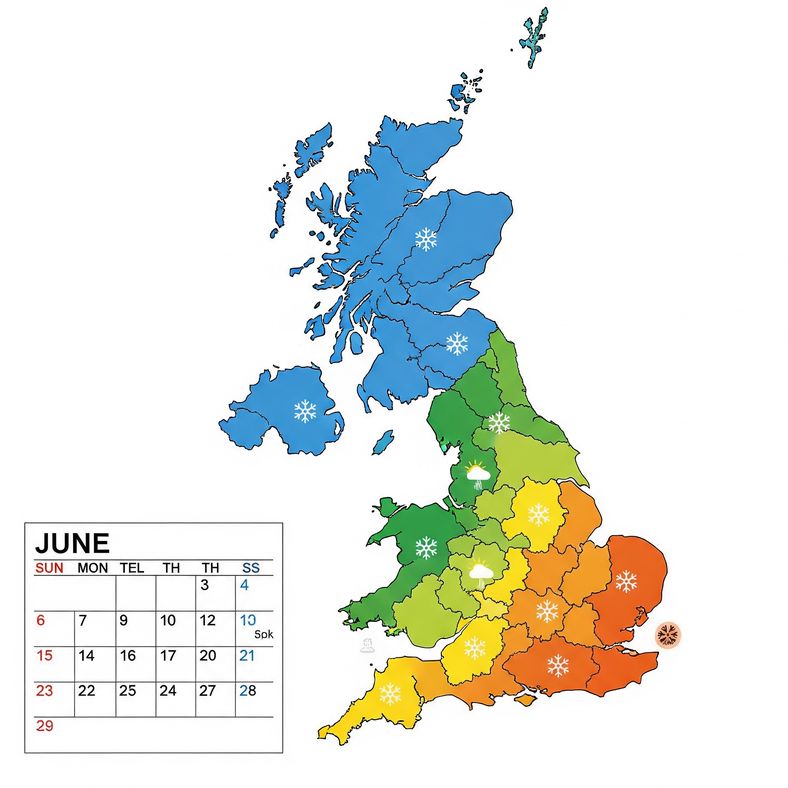 Calendar showing optimal June potato planting dates marked across different UK regions