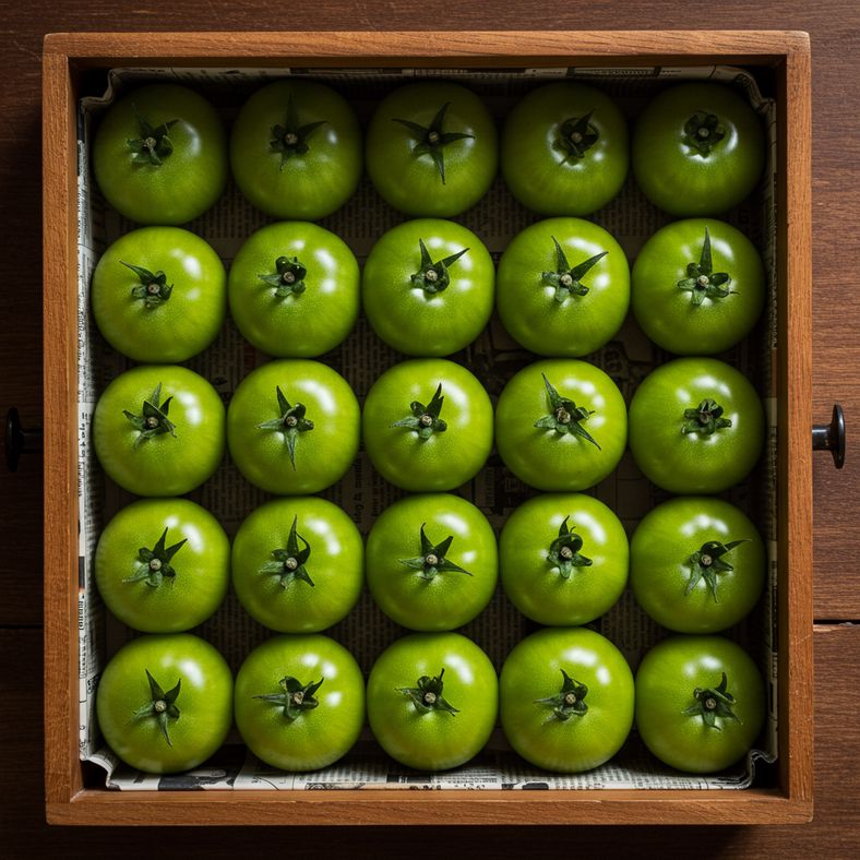 Cardboard boxes lined with newspaper containing green tomatoes in organised rows