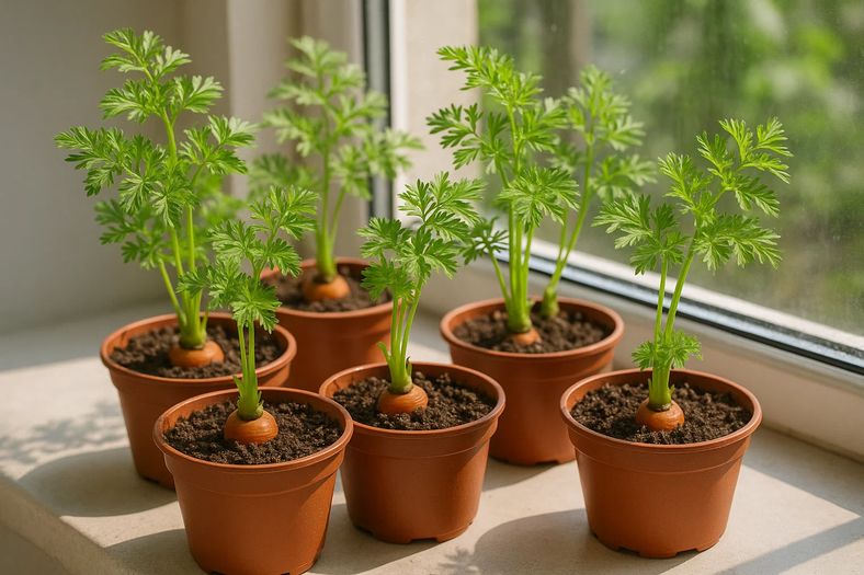 Carrot plants transplanted into soil pots showing healthy root development