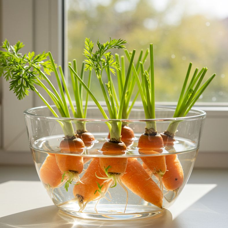 Carrot stumps placed in a bowl of water on a sunny windowsill ready for growing
