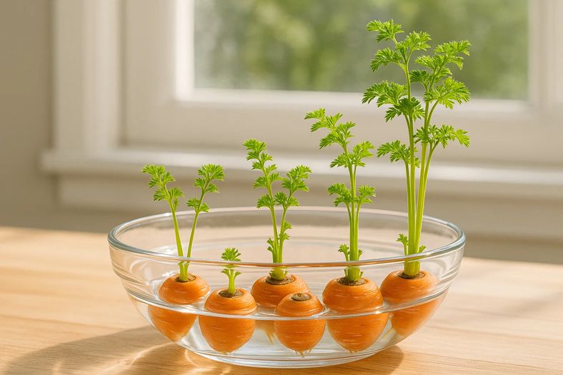 Carrot tops showing new green growth sprouting from the centers after several days