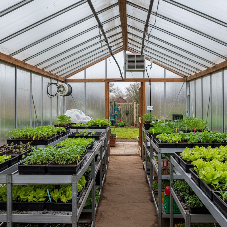 Clean greenhouse interior prepared for winter growing with staging, insulation and winter crops planted