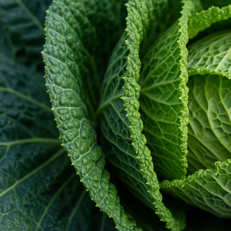 Close-up comparison of smooth winter cabbage and crinkled savoy cabbage leaves