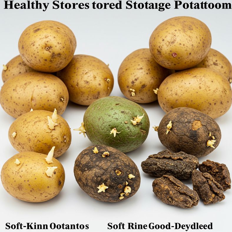 Close-up comparison showing healthy stored potatoes versus common storage problems like sprouting and greening