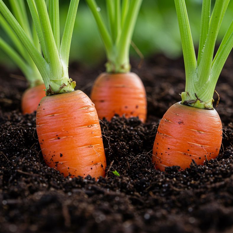 Close-up of carrot crown and shoulders visible at soil surface showing readiness indicators