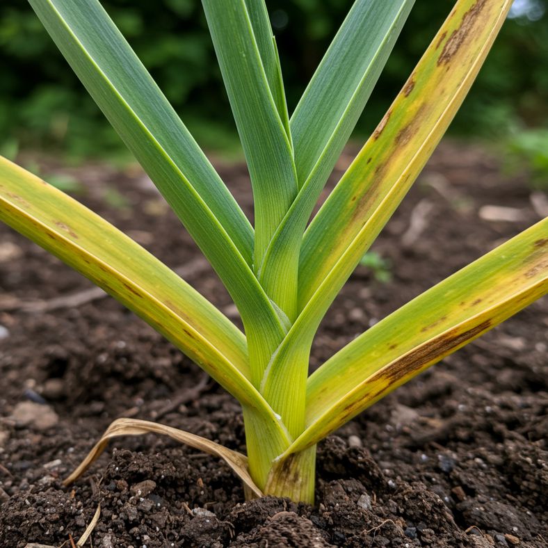 Close-up of garlic plant showing yellowing leaves indicating harvest readiness