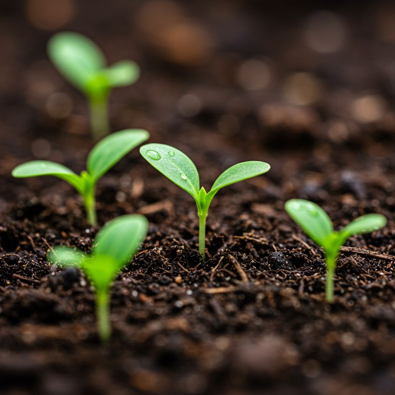 Close-up of perpetual spinach seedlings emerging from soil in July, showing healthy green cotyledons against dark, warm soil