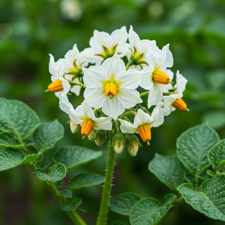 Close-up of potato plant showing flowering stage with white potato flowers