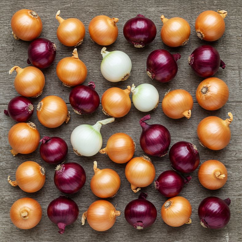 Collection of different UK onion varieties showing varying maturity stages and harvest timing