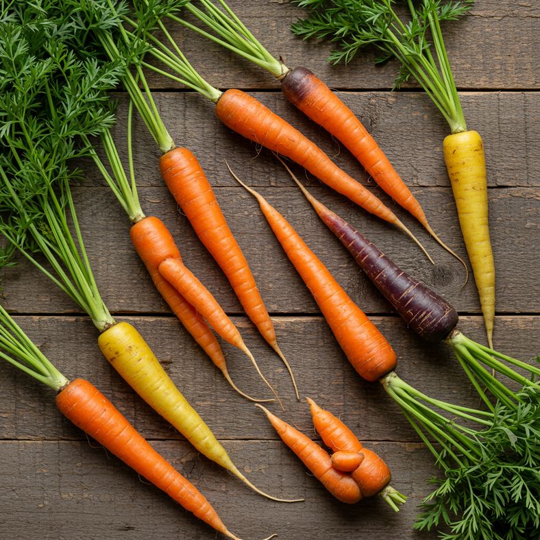 Collection of different autumn carrot varieties arranged on rustic wooden surface