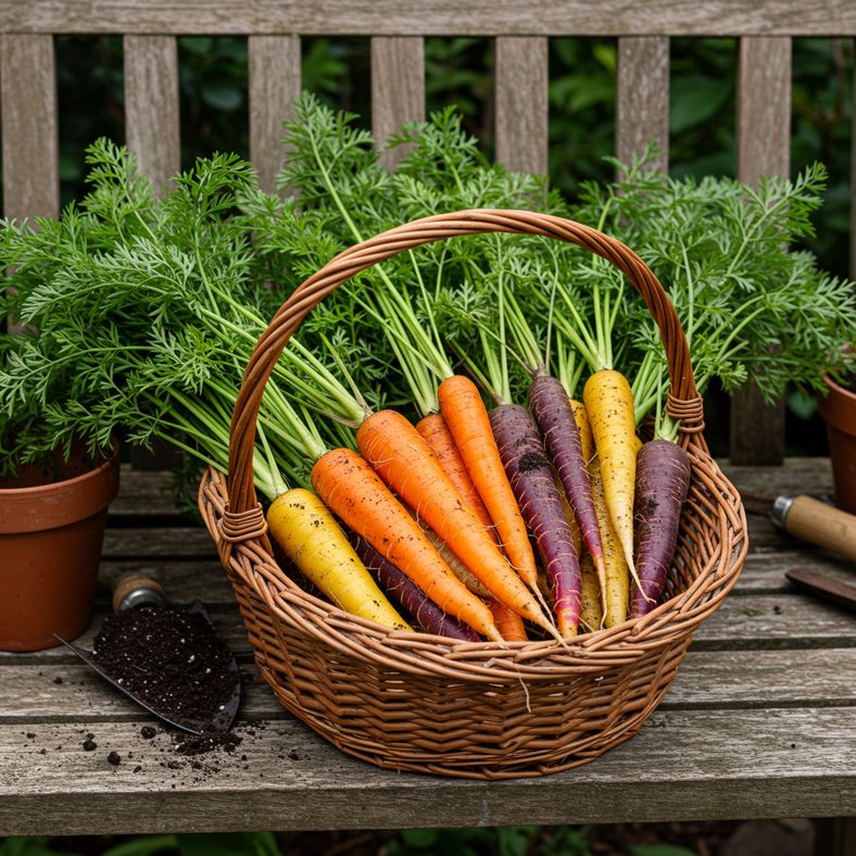 Collection of different carrot varieties showing size and color variations at harvest time